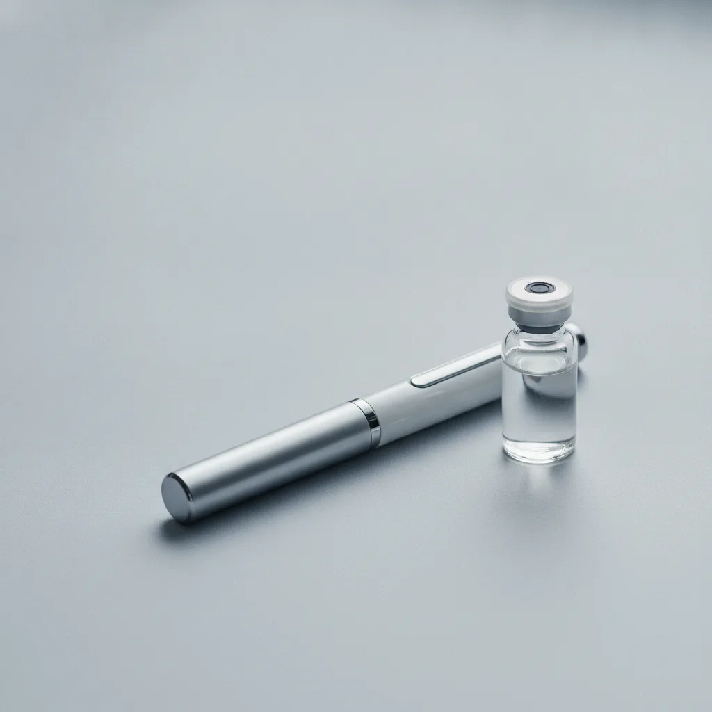 A pen-style injector beside a small glass vial