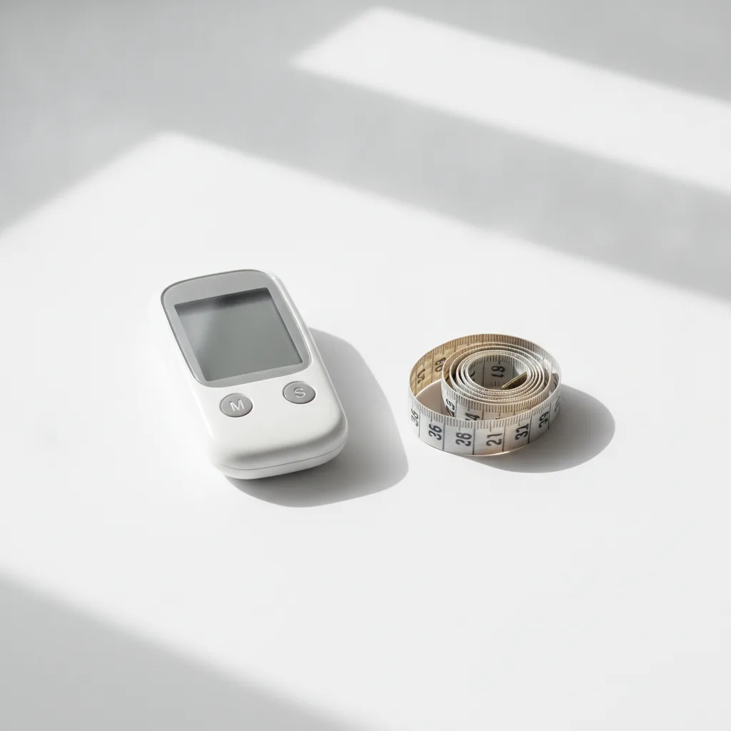 A glucose meter beside a cloth measuring tape
