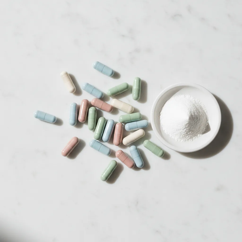 Assorted supplement capsules beside a dish of powder