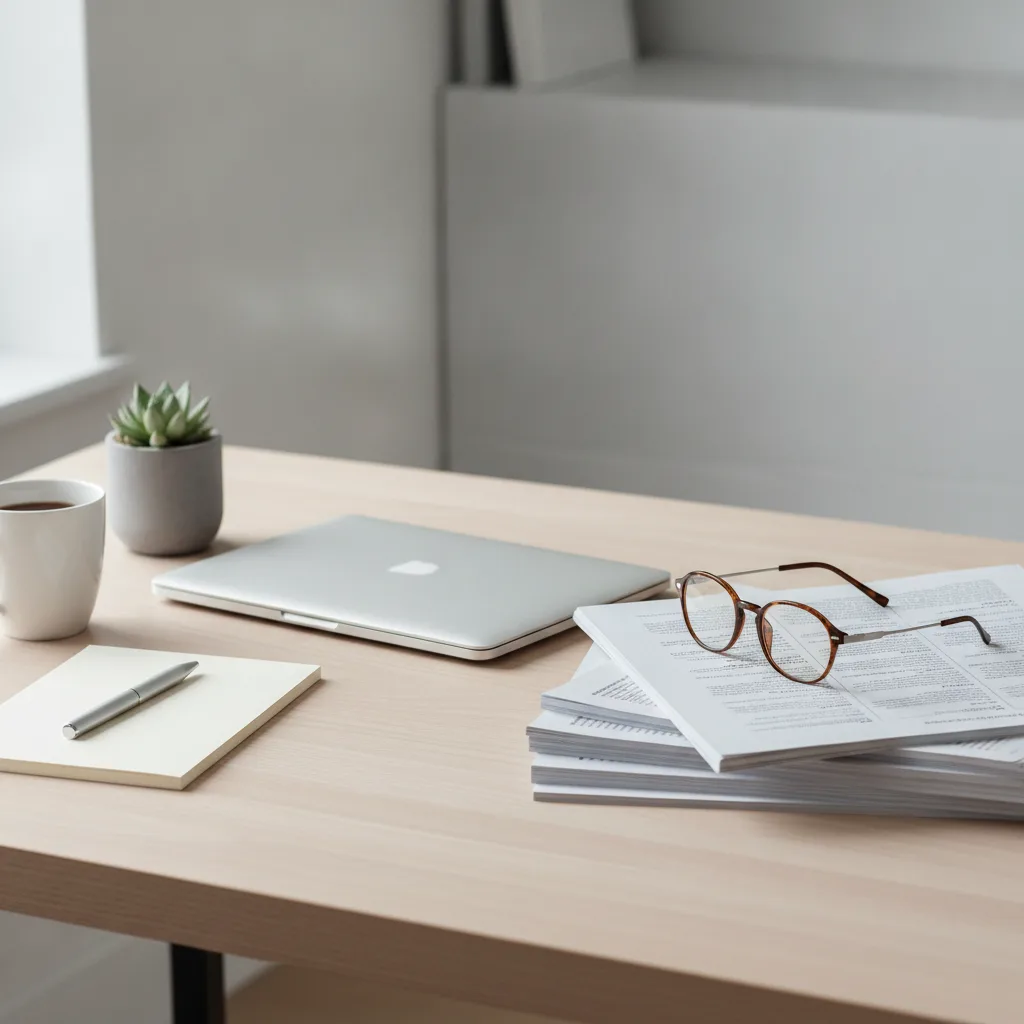An editorial desk with printed journal articles, a laptop and reading glasses