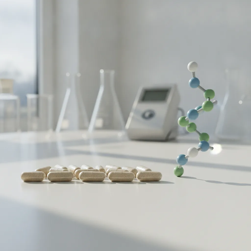 Capsules of an NAD+ precursor supplement beside a laboratory vial